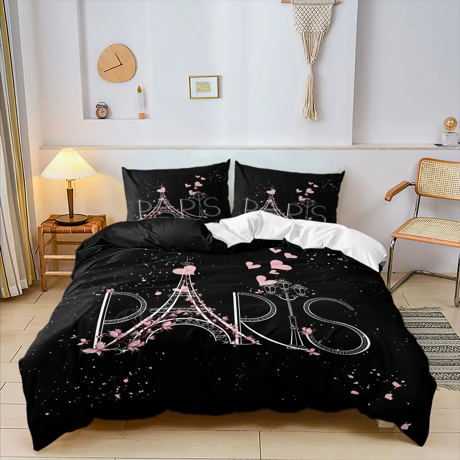 Paris Eiffel Tower & Pink Rose Duvet Cover Set & 1-2 Coreless Pillowcases, Paris Lettering, Pink Roses And Tiny Star Spots. Crafted From Skin-Friendly Breathable Polyester, Suitable For Teen Girls’ Bedrooms, College Dorms,  Guest Room Home Decor