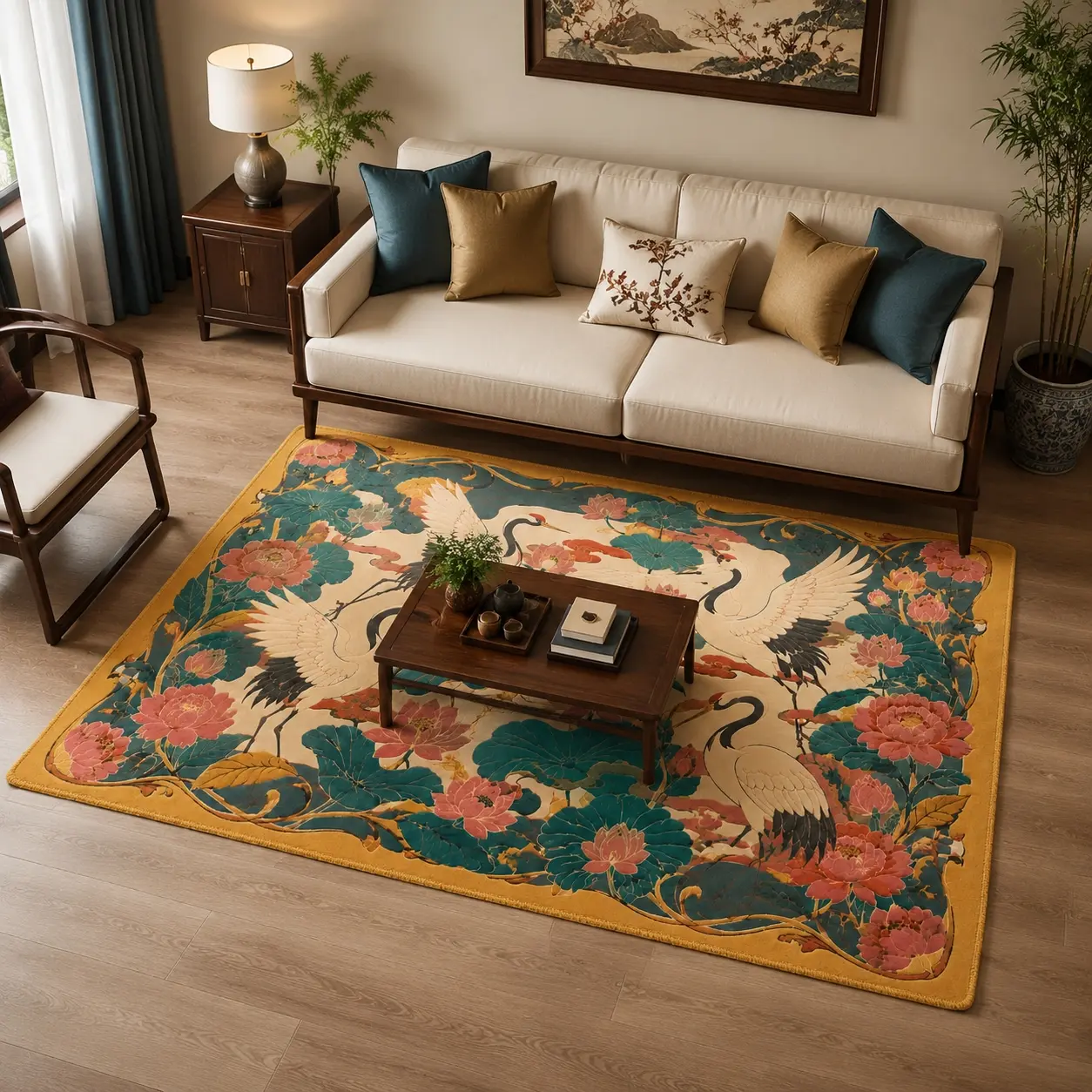 Chinese Crane and Lotus Pattern Rug Long Pile Faux Cashmere High-Definition Print Machine Washable Non-Slip Living Room Bedroom Rug