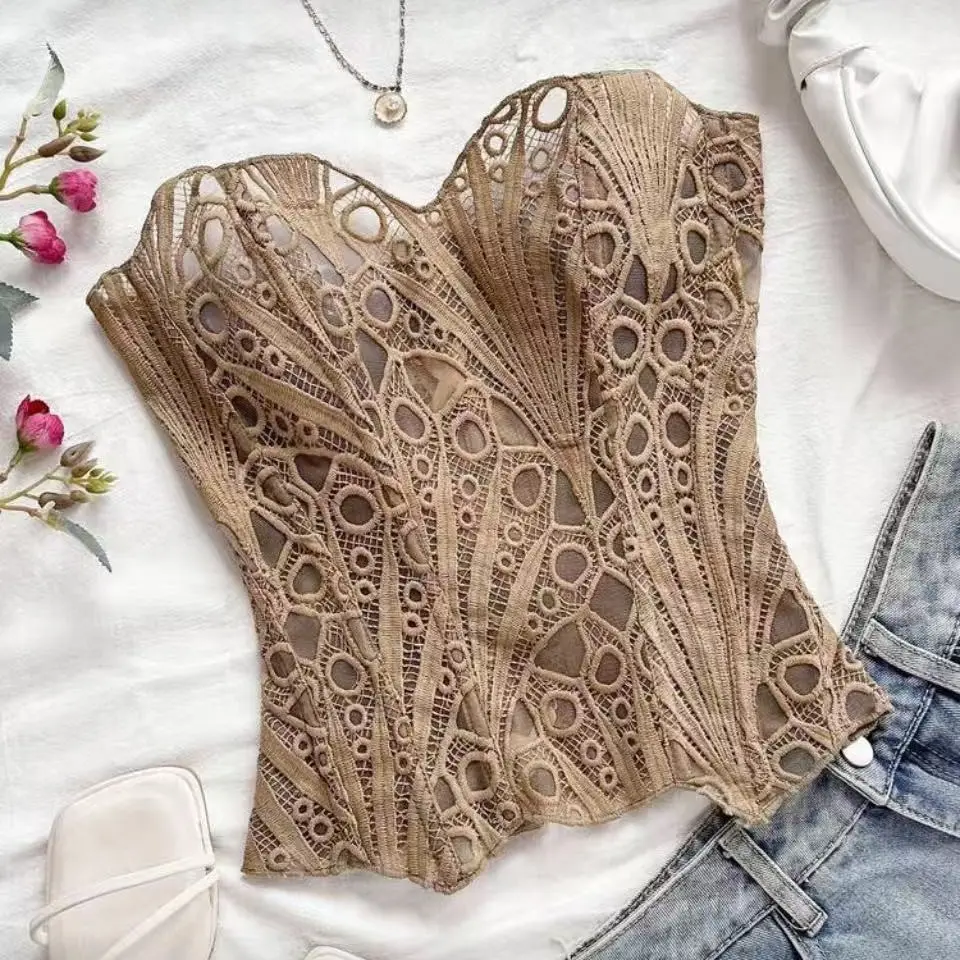 European and American French court style shapewear irregular lace fishbone bra mesh splicing printed shapewear top