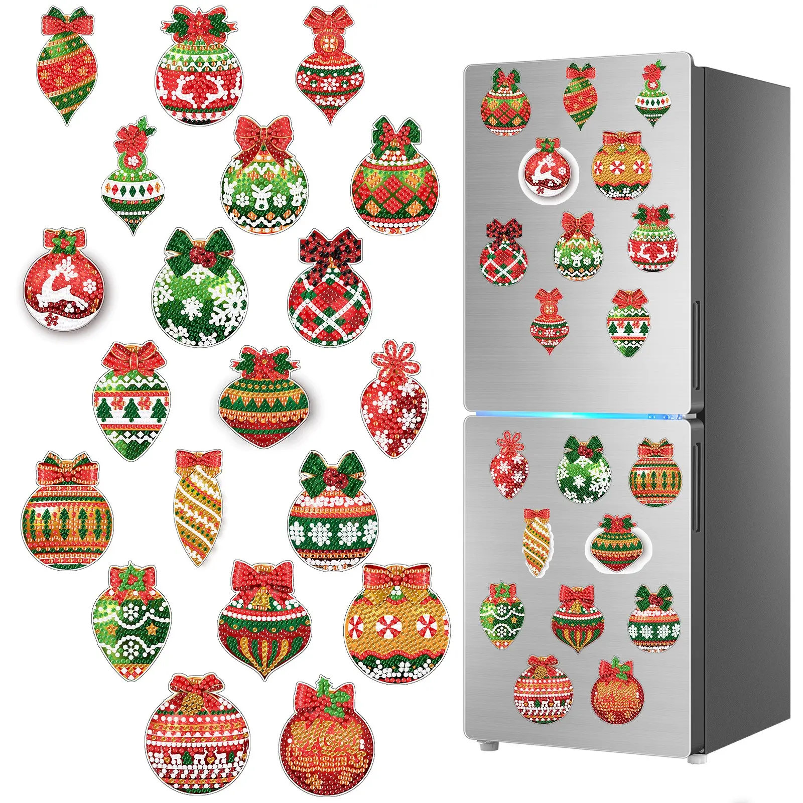 20-piece set of 5D diamond art magnetic ornaments, DIY Christmas diamond painting refrigerator magnets, diy fridge magnets, with free magnetic backing, handmade art decorative stickers, and a free tool kit. Suitable for adult craft enthusiasts.