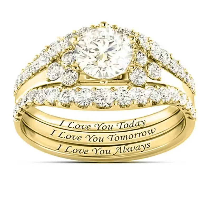 3-Piece Light Luxury European-American Style Artificial Gemstone Micro-Inlaid Ring Set with English Lettering, Elegant Cross-Border Bestseller Jewelry Accessory