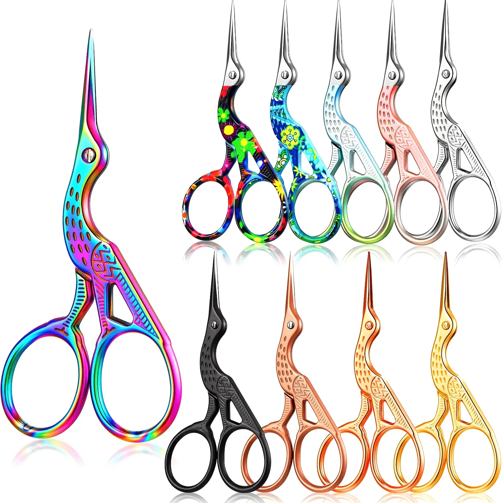 10pcs Rainbow Stork Scissors, Stainless Steel Needle-Point Embroidery & Crochet Shears, Ideal for DIY Crafts, Embroidery, Tapestry, Fabric