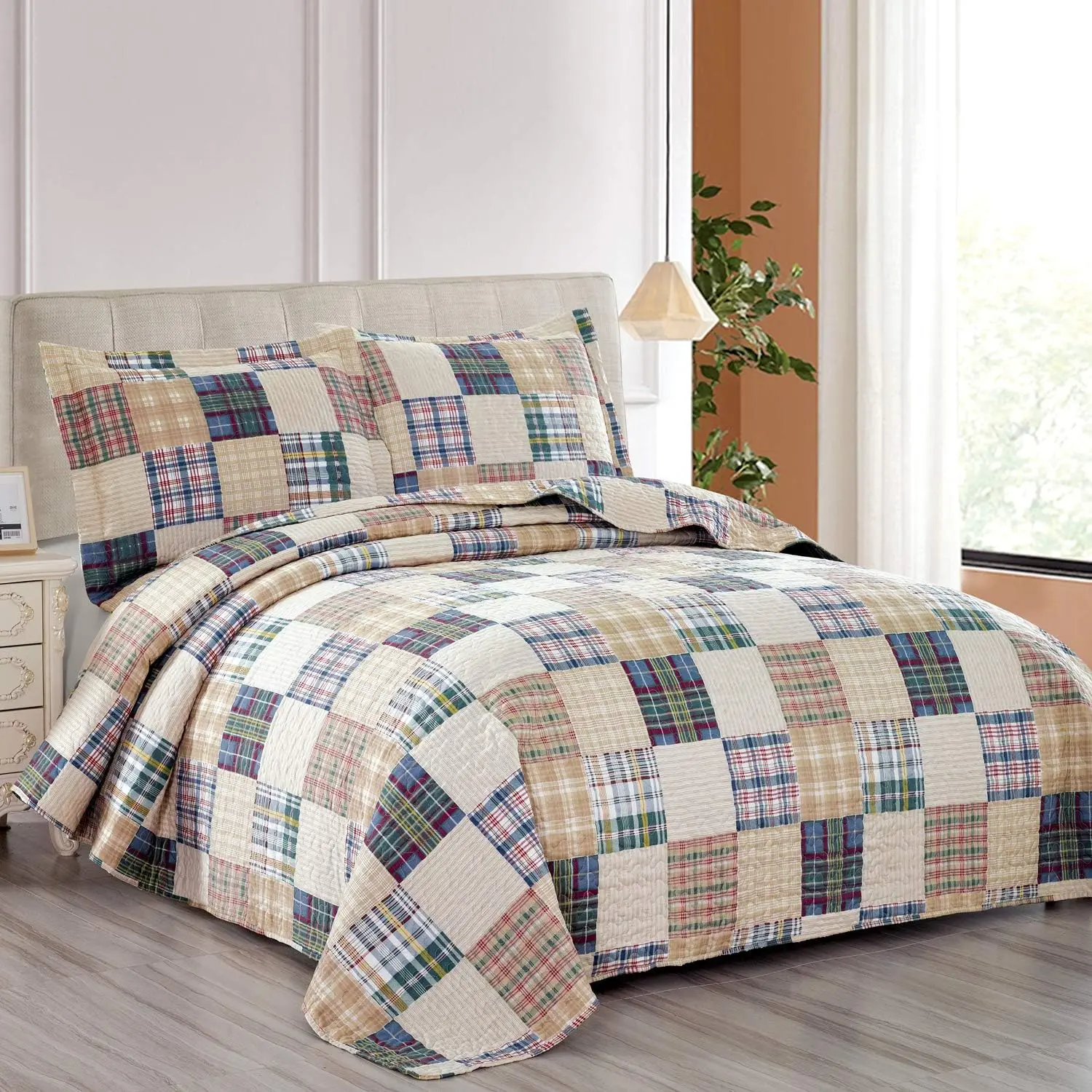 Beige  Quilt Set  Size Country Patchwork Bedding Quilt Lightweight Reversible Bedspread Coverlet with Sham Soft   Bed Coverlet Set