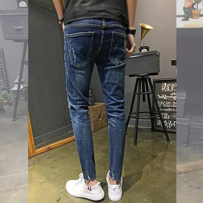 Retro Japanese Style Men's Slim Fit Jeans Spring Summer Trendy Brand Hole Punching Nine Points Casual Fashionable Jeans