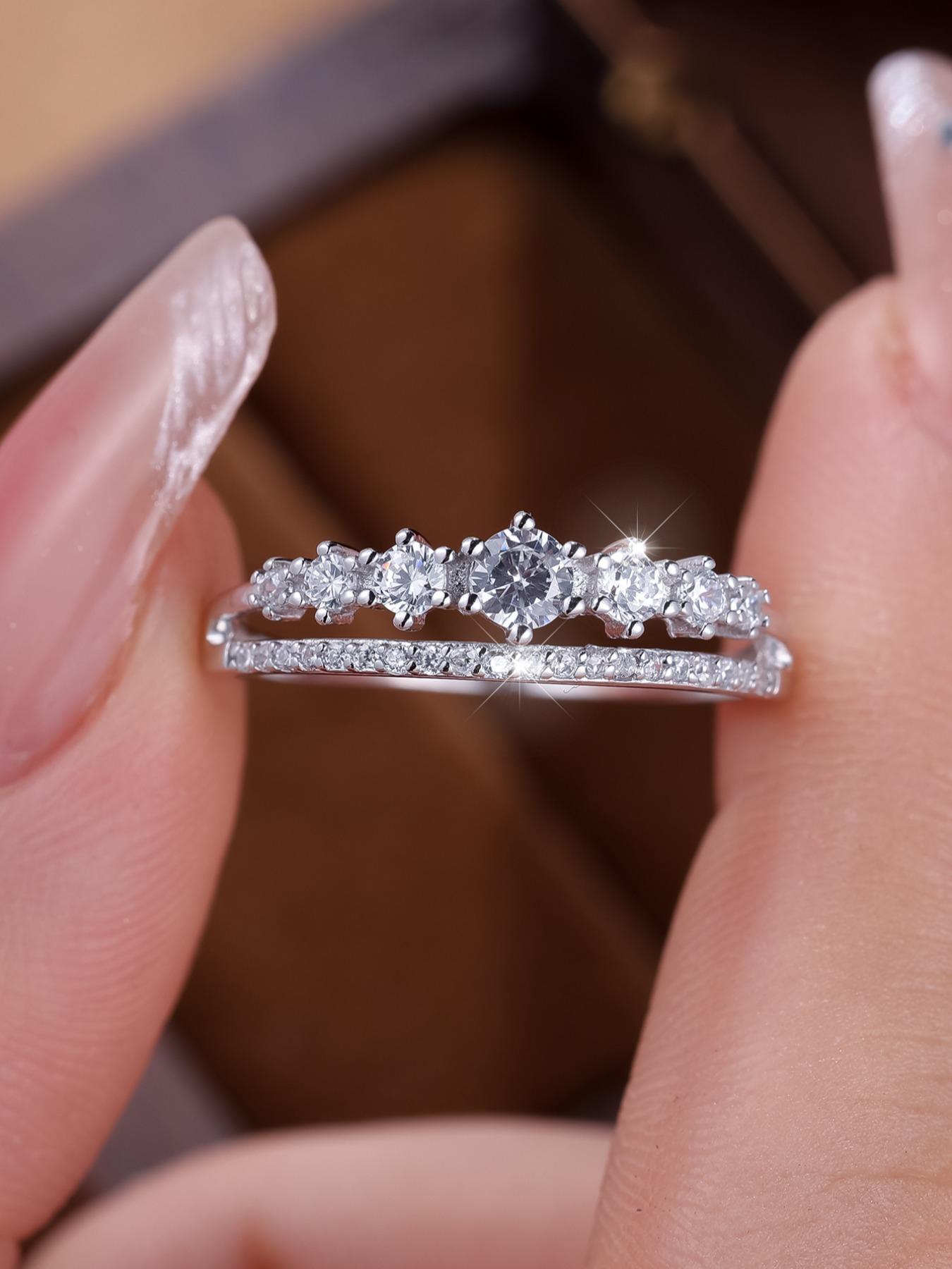 S925 Sterling Silver Elegant Double Row Ring, Fashion Promise Ring, Wedding Engagement Ring for Women & Girls, Trendy All-match & Exquisite Jewelry for Birthday Gift, with Box