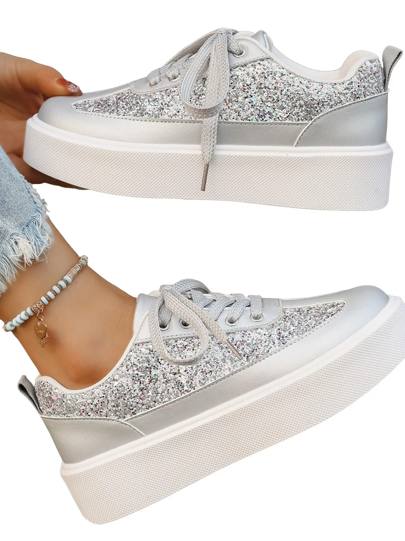 Women's Silver Color Glitter Thick Sole Board Shoes, Sparkle PU Patchwork Lace-Up Platform Sneakers, Round Toe Anti-Slip Casual Shoes