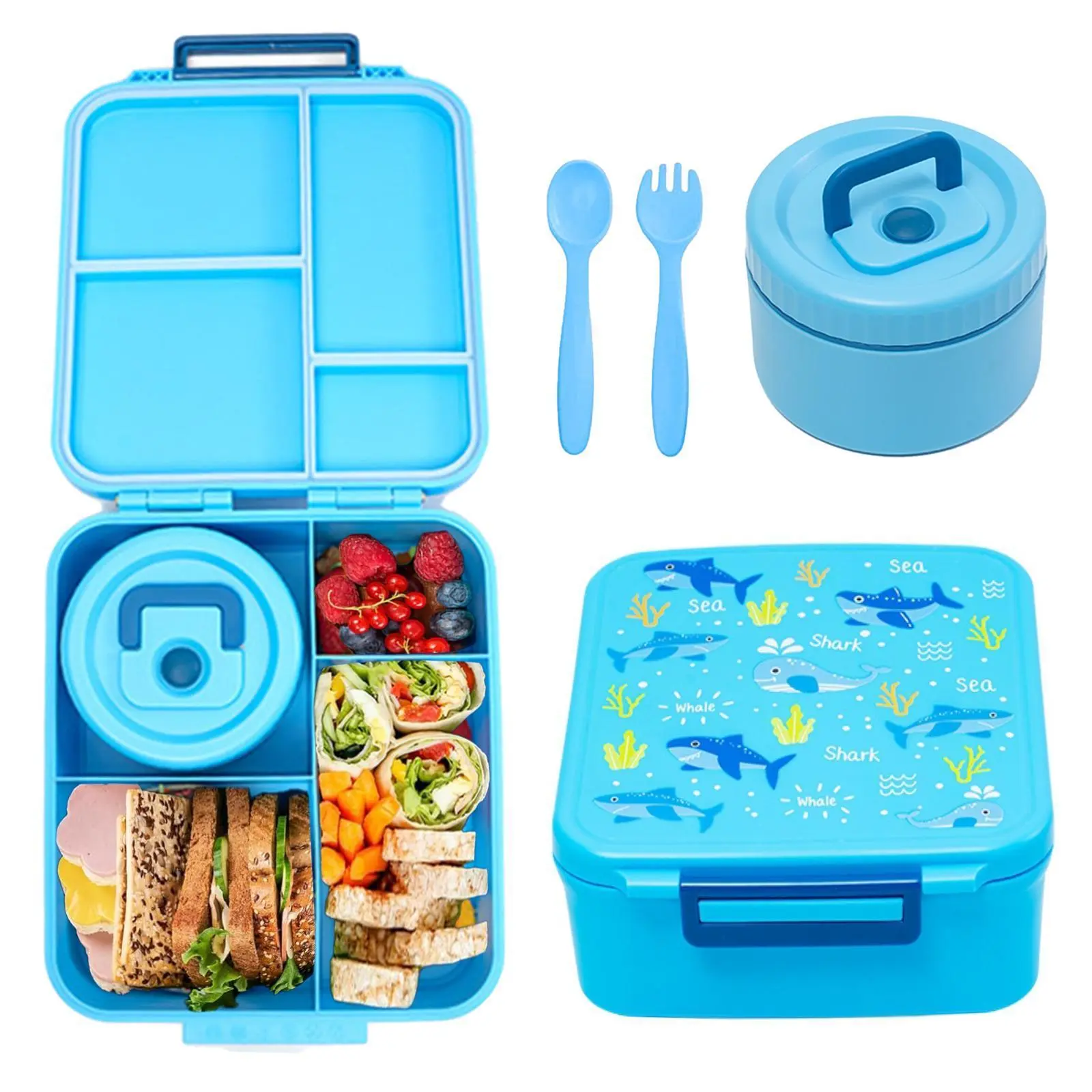 Kids Bento Lunch Box Set - BPA-Free Plastic Tableware with 8oz Leakproof Soup Thermo, 5-Compartment Containers, Insulated Lunch Bag, Spoon, Warmer for School, Travel (Blue, Pink), Lunch Bags