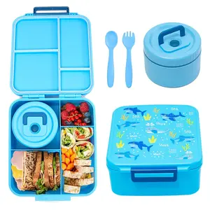 Kids Bento Lunch Box Set - BPA-Free Plastic with 8oz Leakproof Soup Thermo, 5-Compartment Containers, Insulated Bag, Spoon, Lunch Box Warmer for School, Travel (Blue, Pink)