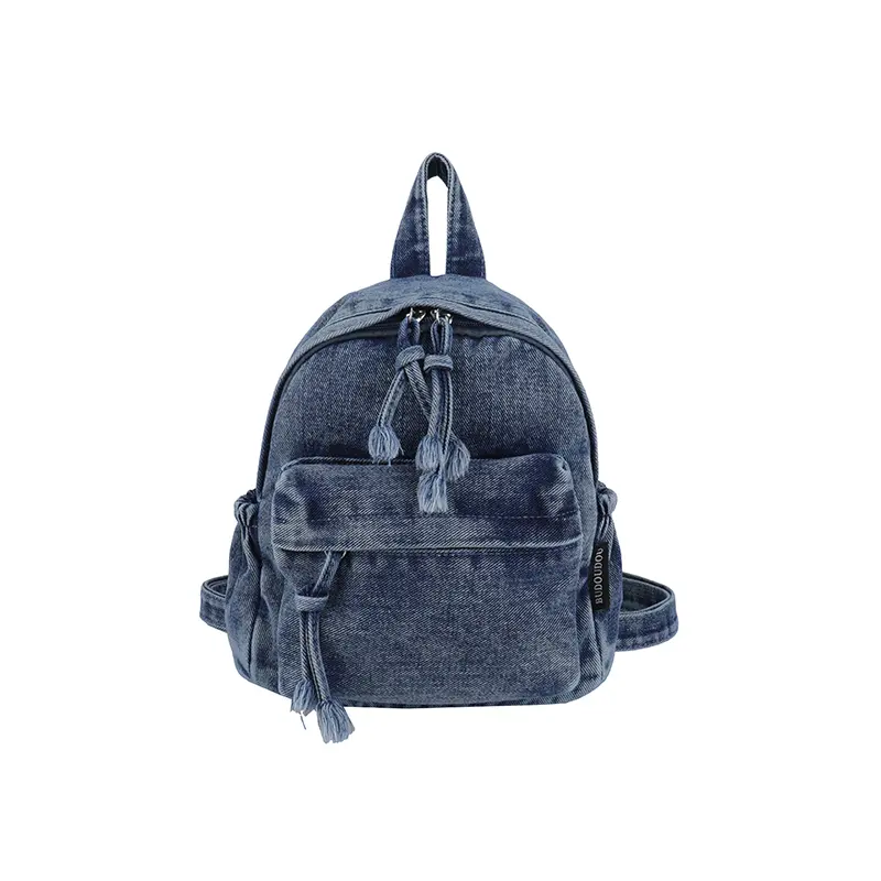 Korean Retro Washed Jean Mini Backpack Ladies Tassel Drawstring Small Denim Shoulder Bag Casual Daily Street Travel Backpack