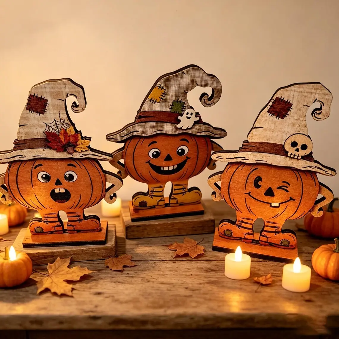 Halloween Wooden Pumpkin Desktop Decor, Witch Hat Straw Man Pumpkin Ornament, Vintage Fall Farmhouse Style Fireplace Shelf Indoor Decoration