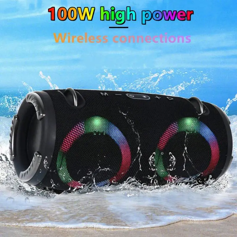 100W High-Power Portable Bluetooth Speaker, Waterproof Cordless Subwoofer with RGB Lights, 360° Stereo Surround Sound, TWS, FM Boombox, Built-In Cell, Aux/USB & Multiple Inputs for Audio Playback, Usb/Nfc