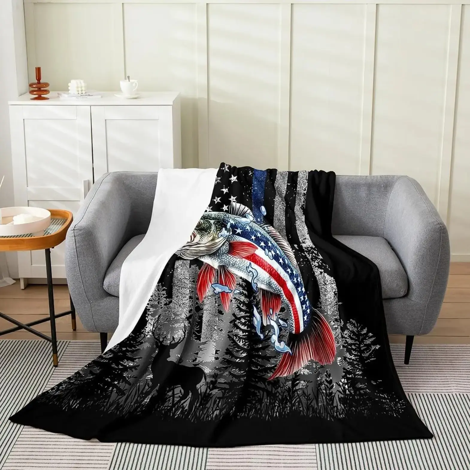 Fish Plush Inspired Flannel Blanket, Soft Cozy Lightweight Throw for Adult Blanket Kids Blanket, American Flag Ocean Fish Design Blanket for Boys Girls Teens Sofa Bed Travel Home Decor Gift
