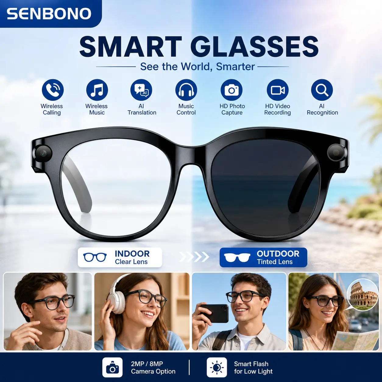 SENBONO Smart Glasses Ai Translation, Object Recognition, 2MP/8MP HD Camera optional, Bluetooth-compatible Call, Music Control, Wireless Translation Glasses, Lightweight 39g Wearable Glasses