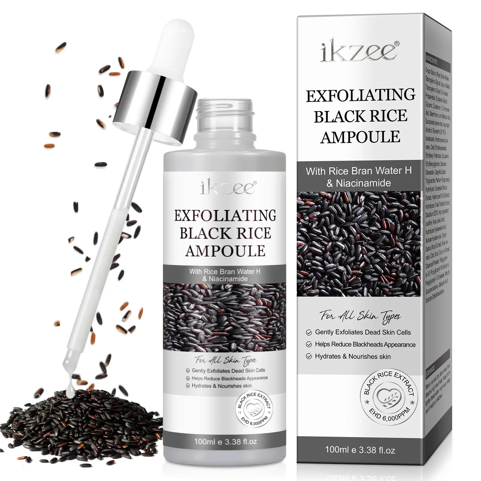 ikzee Black Rice Exfoliating Ampoules 100ml, a gentle daily exfoliating scrub for face and body, brightens and removes dead skin cells from all skin types, a daily skincare product.