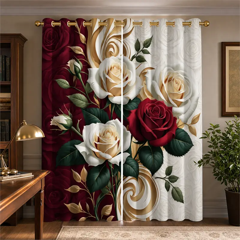 Burgundy Curtains 2-Piece Set (1.5m), Boho Blackout Window Covers with 3D Lush Red Rose Waterfall, Floral Print Vine & Falling Petal Patterns, Dustproof Fade-Resistant Heavy Drapes for Master Bedroom Luxury Decor