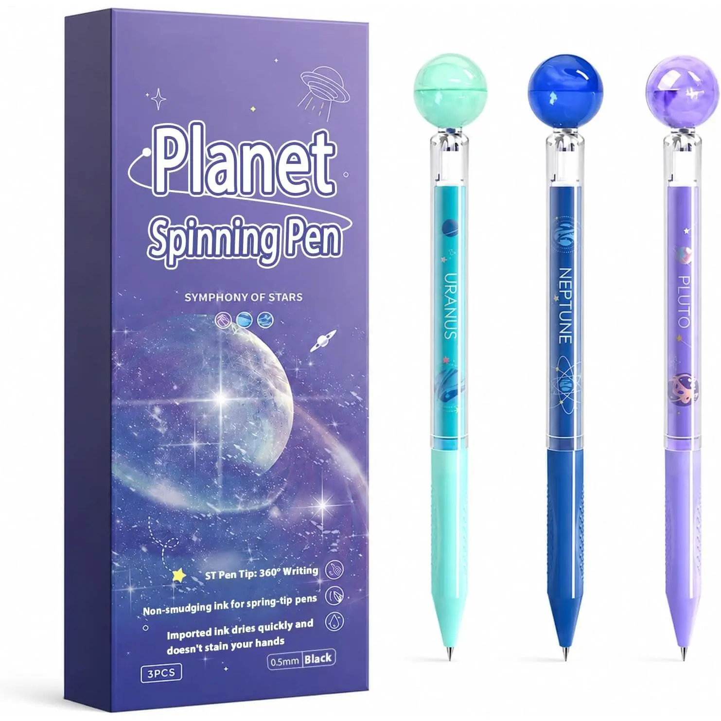 3 count Fidget Spinner Pens, Retractable Gel Pens for Office & School | 0.5mm Fine Point Black Ink Pens with Smooth Writing, Fun Rotating Design for Daily Notes, Work and Study
