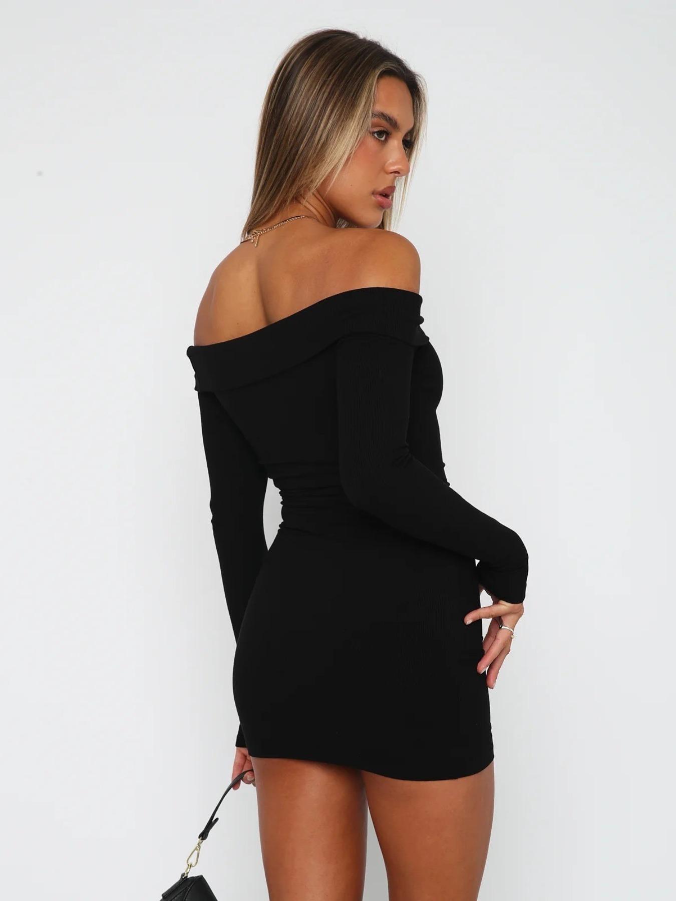 Women's Solid Off Shoulder Soft Ribbed Modal Dress, Elegant Chic Basic Fashion Casual Long Sleeve Mini Dress for Daily Outdoor Wear, Women Dress for Spring Fall, Lady, Womenswear