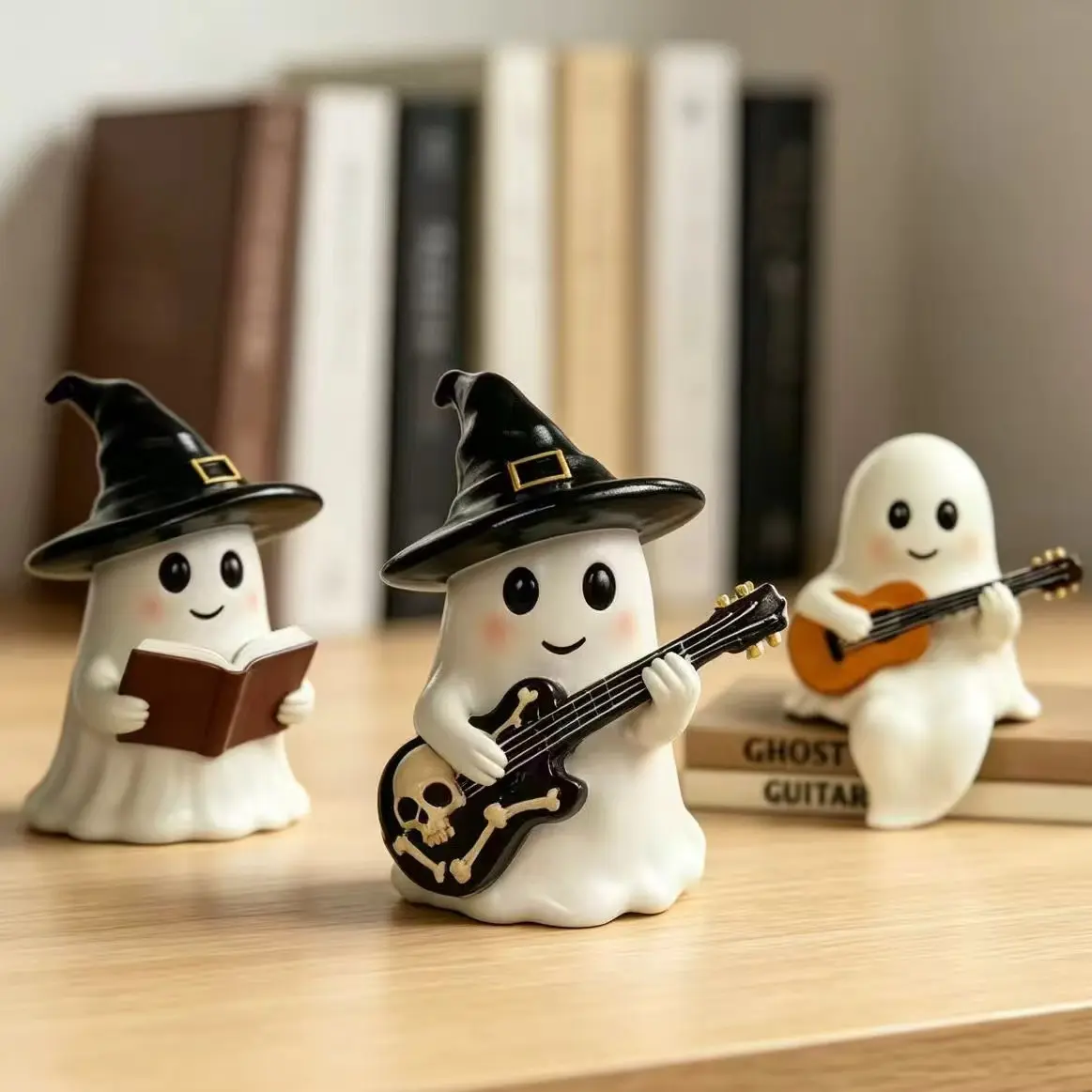 Cute Halloween Guitar Reading Ghost Resin Ornament, Durable Resin Material, Creative Design, Perfect for Home Decor, Gift Idea