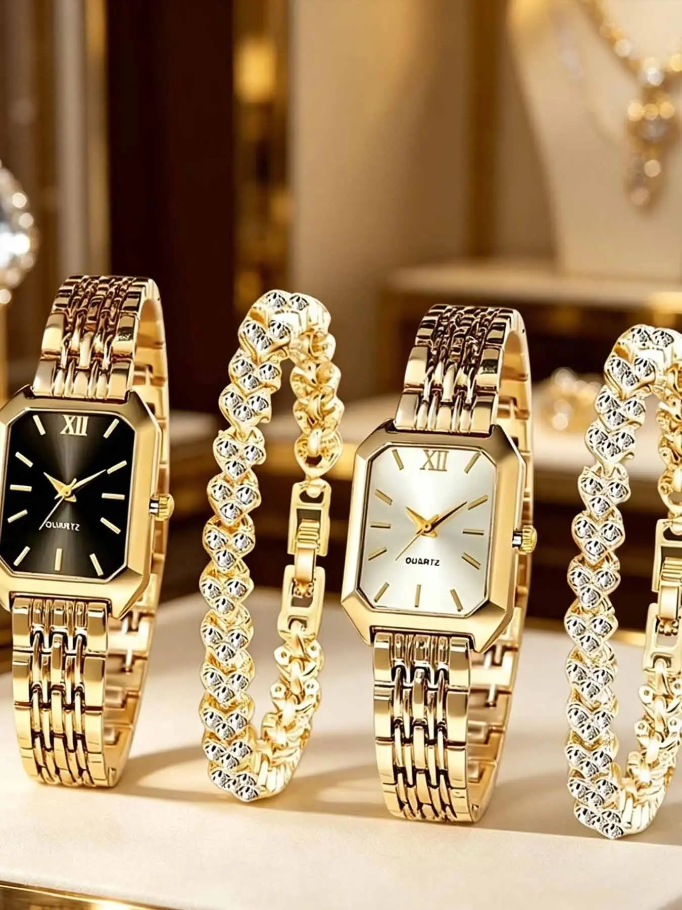 4-Piece Set Elegant Women's Watch and Bracelet, Fashionable Wristwatch Set, Trendy Watch Set, Quartz Watches, Analog, Rectangle Dial, Alloy Strap, High Quality Watch, Ideal for Birthday, Mother's Day, Daily Wear