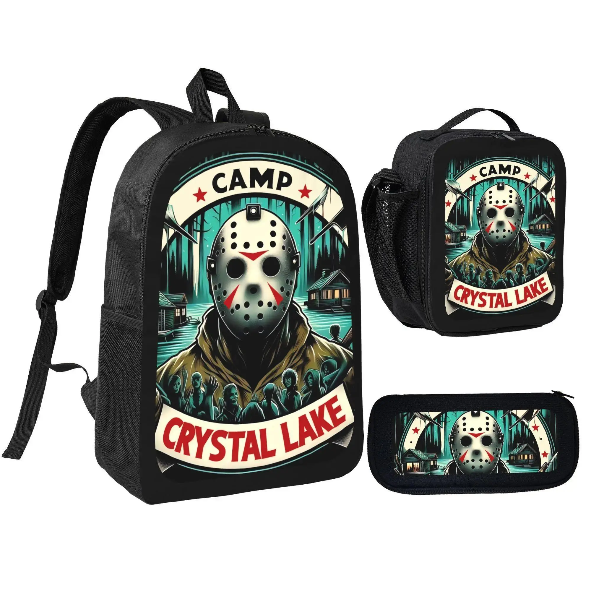Friday the 13th Jason 3-in-1 Camp Crystal Lake Horror Backpack Set - Includes Lunch Bag & Pencil Case, Edgy Slasher Fan Design, Ideal for School Use, Horror Movie Graphic Backpacks