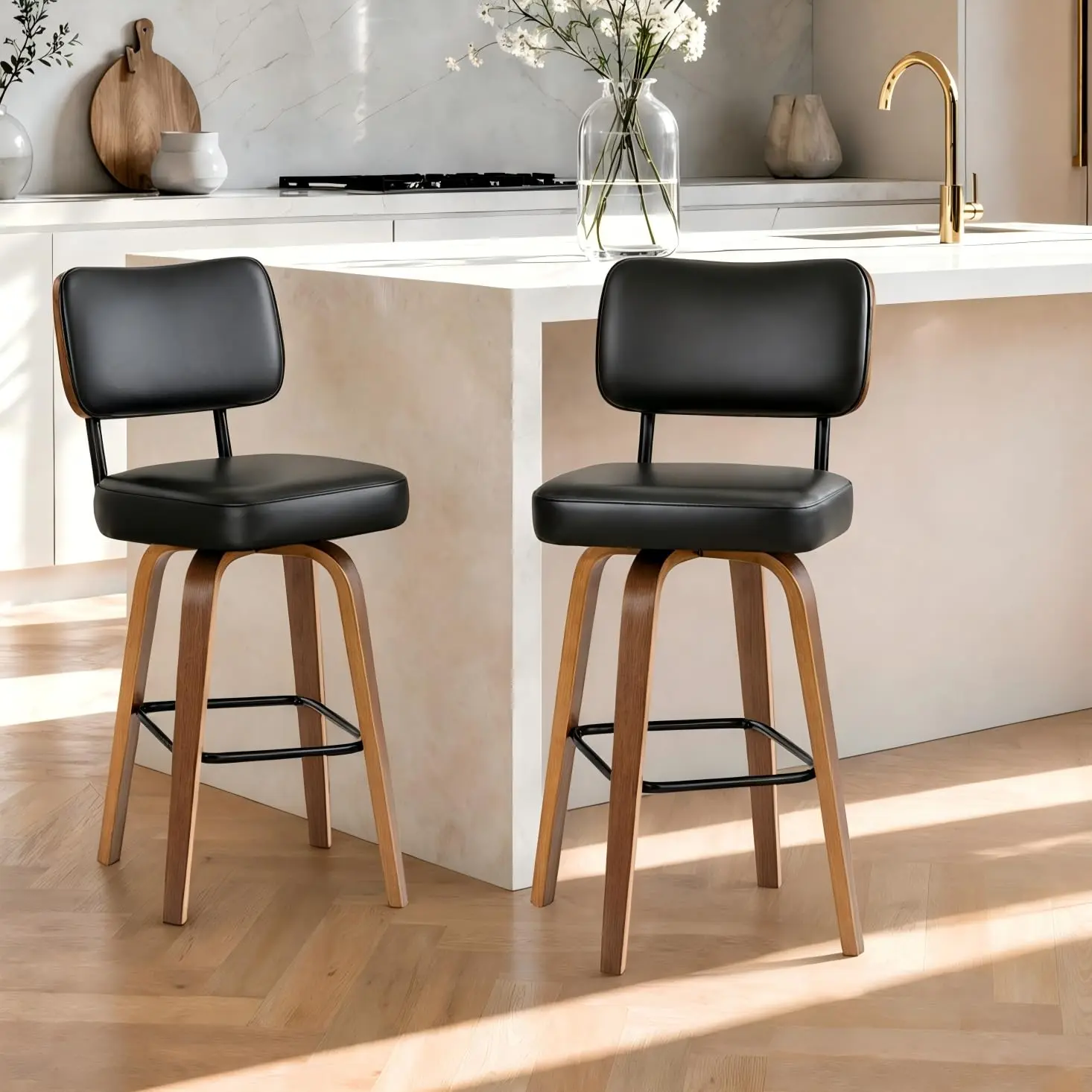 Garvee Modern Swivel Bar Stools Set of 2 – Counter Height, Faux Leather Upholstered, Bentwood Legs, Ergonomic Back, Stylish Kitchen Island Chairs