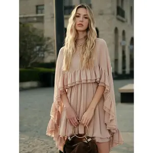 2026 Semi-Sheer Chiffon Ruffle Dress With Outer Cape