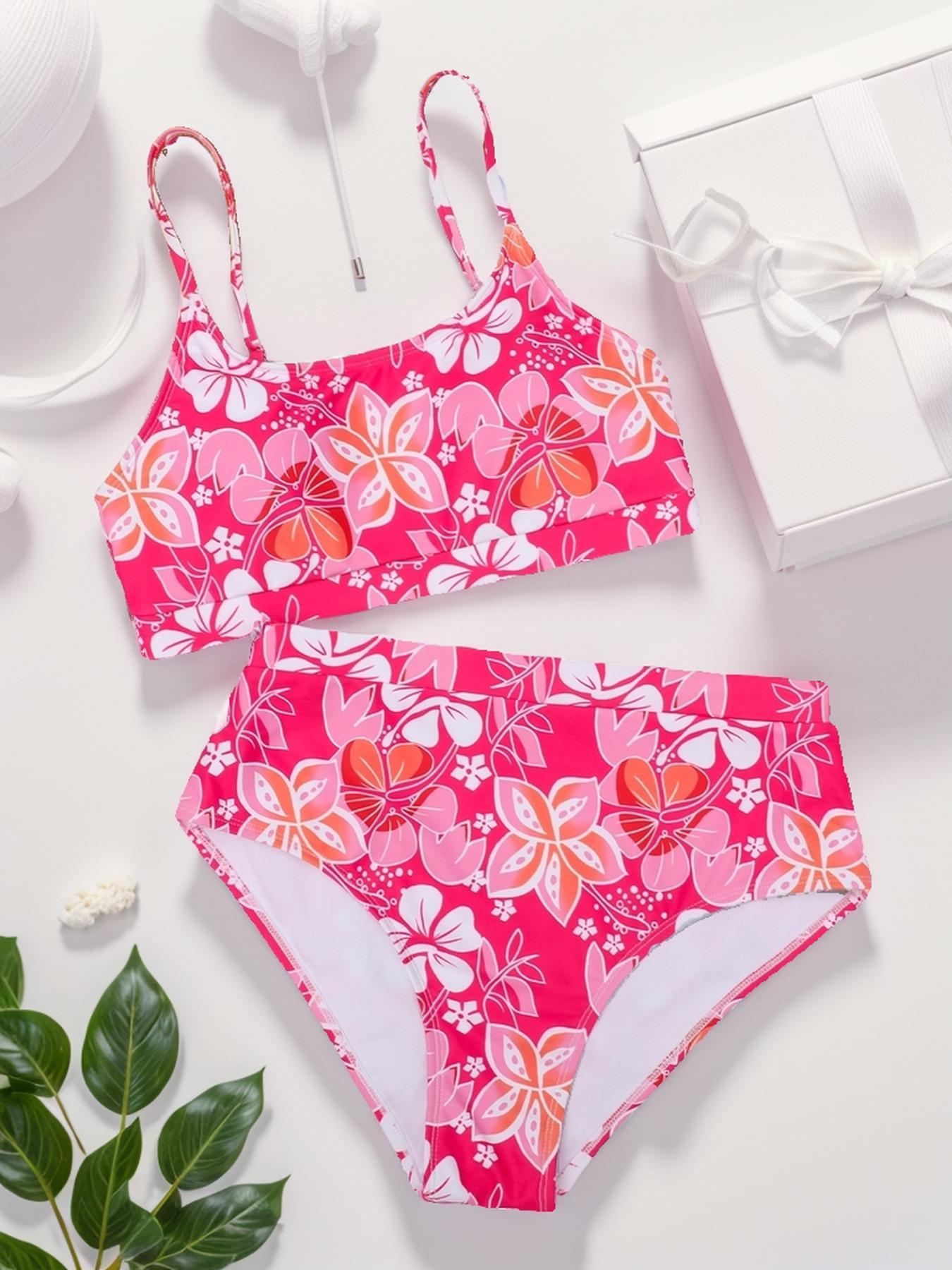 Two-piece Set Women's Floral Print Swimsuit Set, Summer Clothes Women, Casual Adjustable Strap U Neck Swim Top & High Waist Swim Bottoms, Women's Swimwear for Summer, Floral Bikini Sets