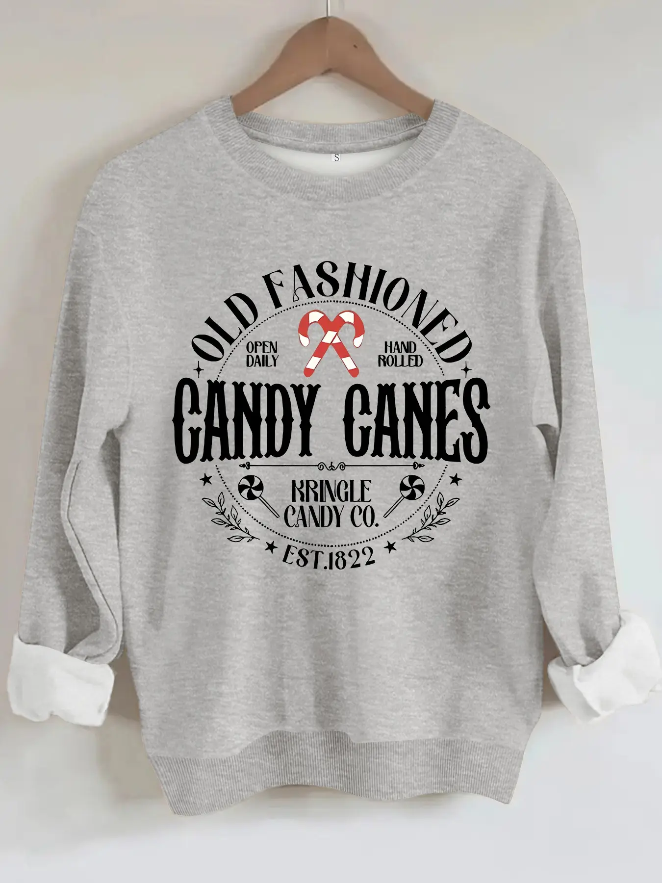 Women's Casual Candy Cane Pattern Sweatshirt, Soft Long Sleeve Round Neck Christmas Fleece, Comfortable Daily Wear