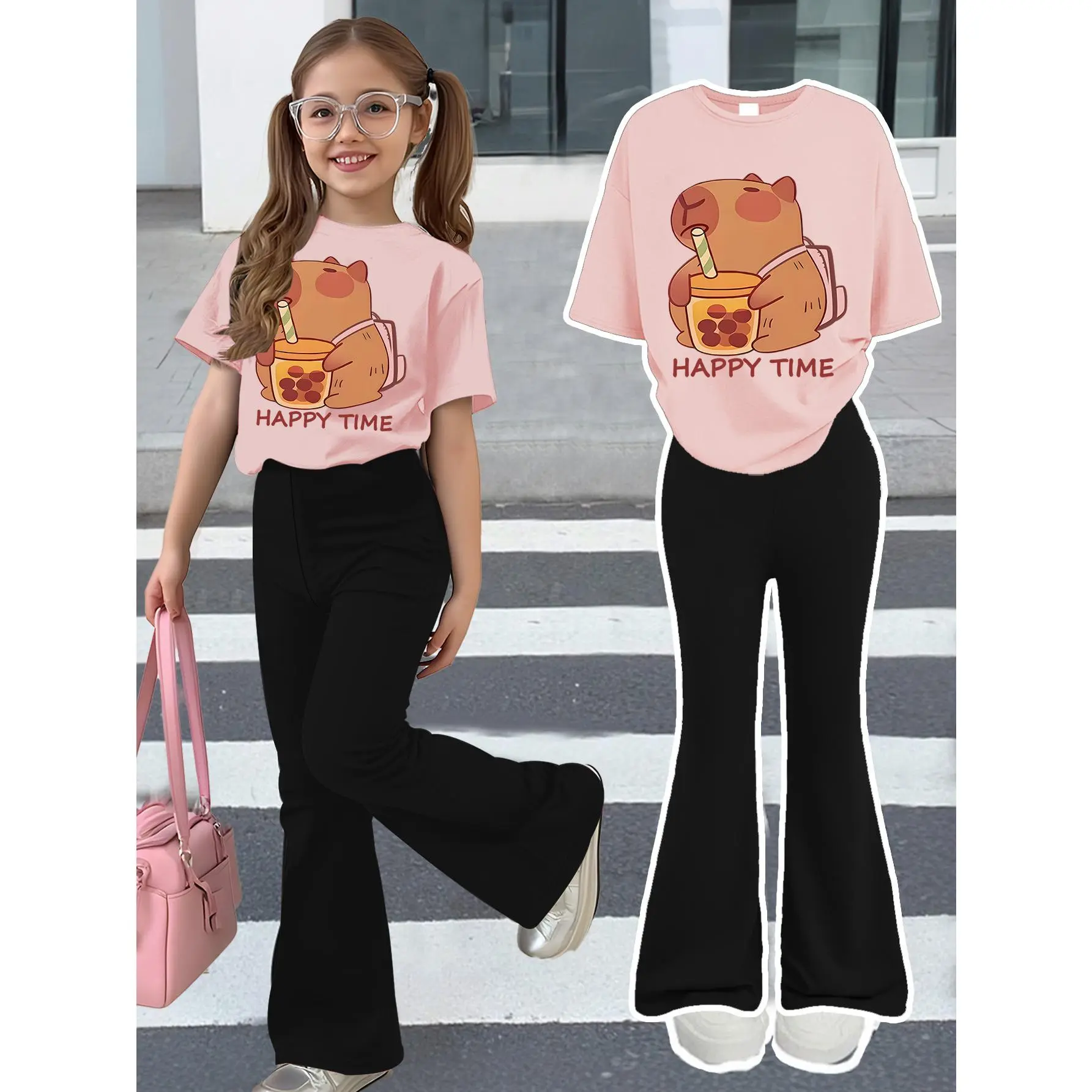 Girls' Flare Pants And Short-Sleeve T-Shirt Set, Capybara Drinking Tea Print Top And Flare Pants Outdoor Outfit, Y2K Streetwear, Casual Fashion, Athletic Outdoor Style, High-Elastic Soft Fabric, Trendy Flare Silhouette, Ideal for Girls, for Outdoor