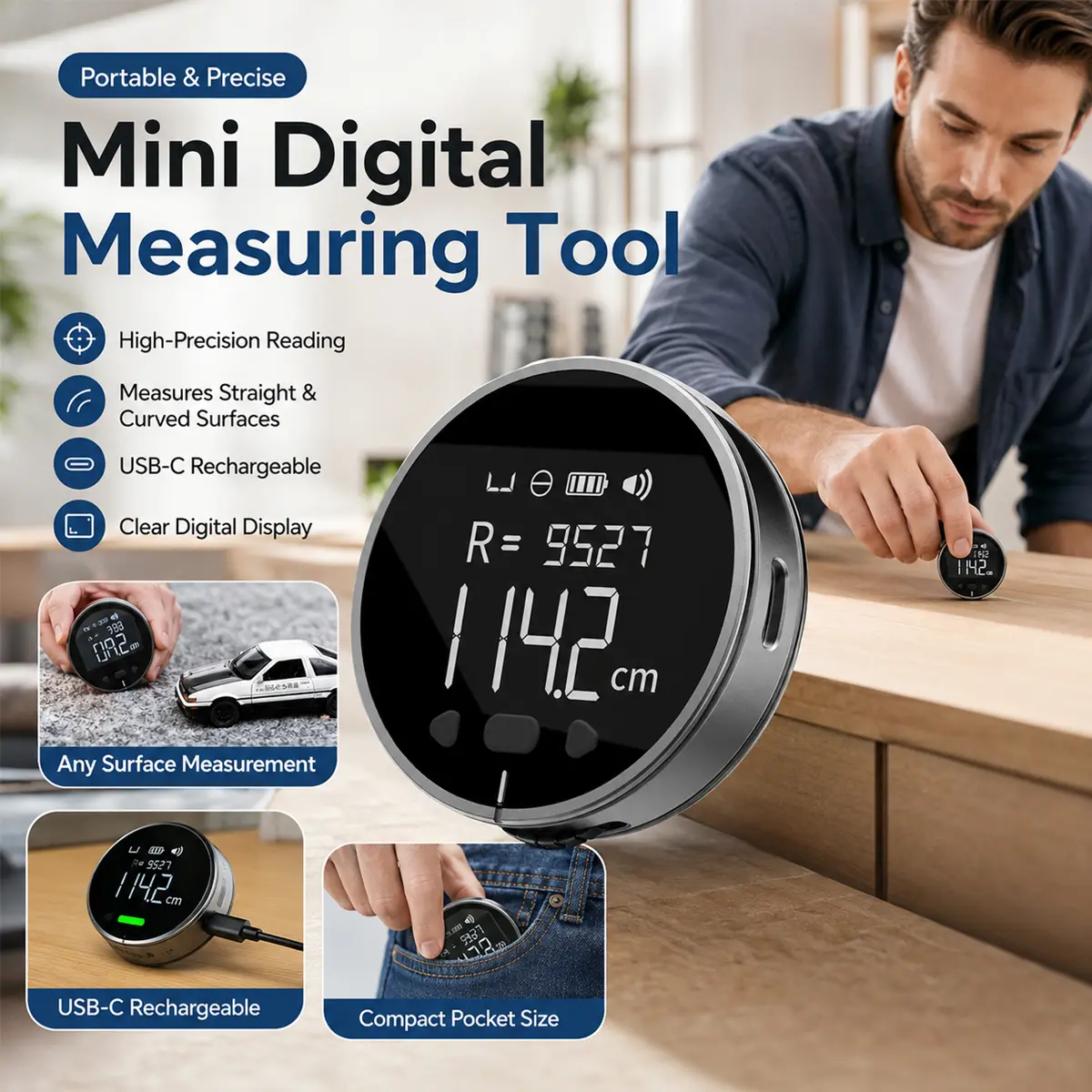Digital Tape Measure, Measuring Instrument, Portable Electronic Rolling Ruler with LCD Display, Rechargeable Smart Measuring Tool for Straight Curved Arc Diameter and Irregular Surface Measurement, High Accuracy for Home, DIY, Tailor, Craftsmen