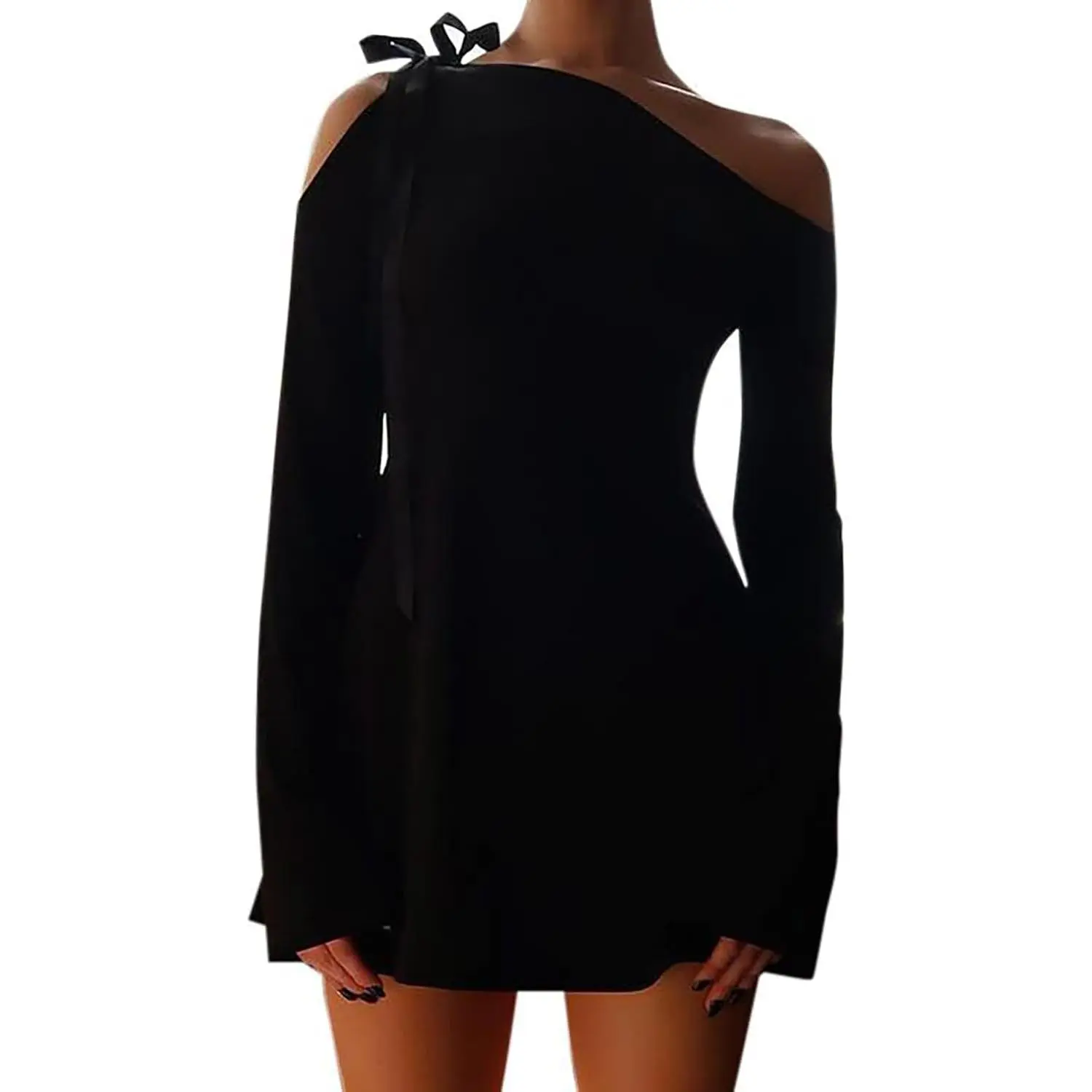 A beauty's walk-in closet HYPERFIRE Women's Shoulder Tie Long Sleeve Asymmetrical Dress Boat Neck Cocktail Mini Dresses