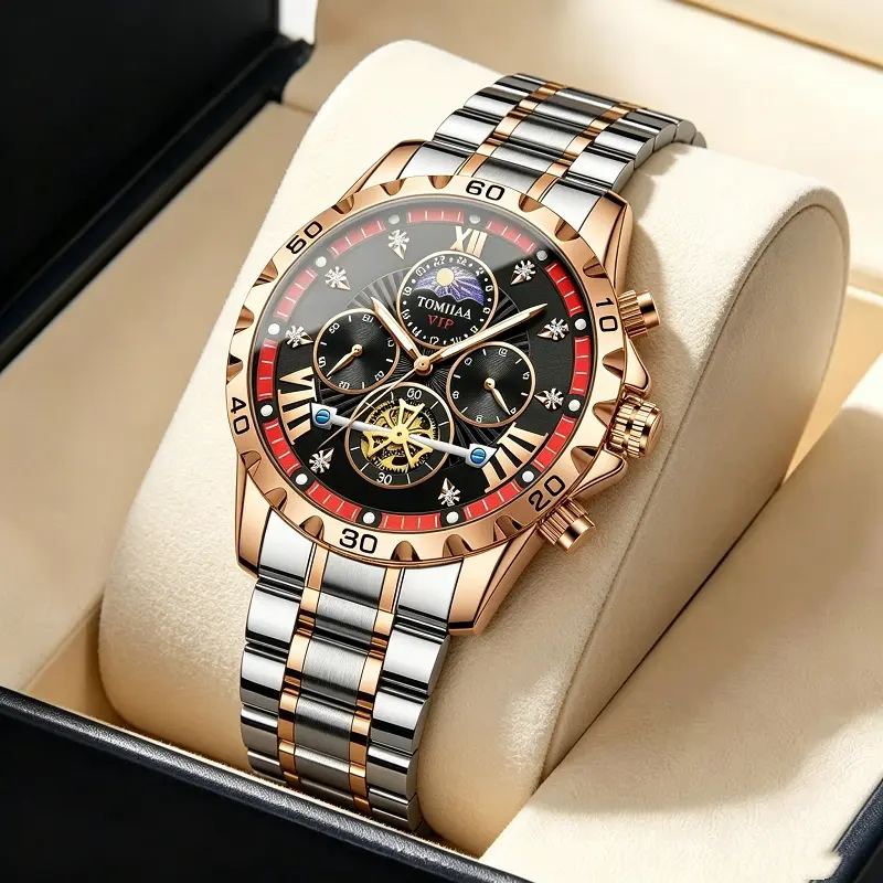 Stylish Hollow Detail Men’s Wrist Watch Polished Metal Link Band Ornamental Moonphase Dial Office Accessory