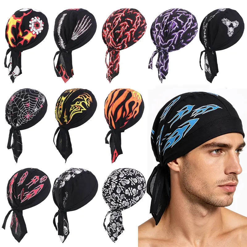 Viral Cooling Biker Pirate Bandana Dew Rag Flame Print Sweat Wicking Cycling Skull Cap Motorcycle Helmet Liner Tie Back Headwrap Men Women Outdoor Sports