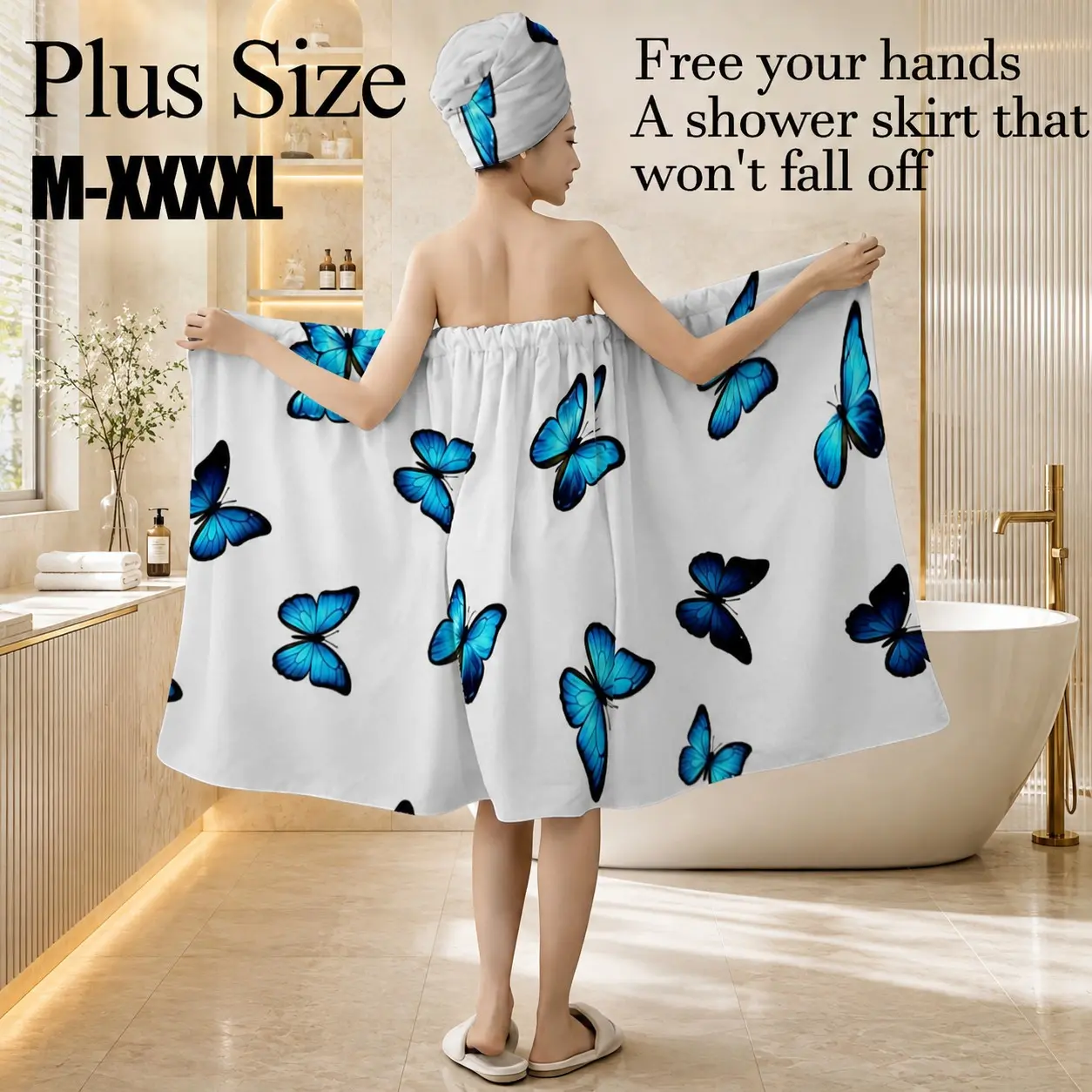 Blue Butterfly Bath Wrap Towel Set for Women, Plus Size M-Xxxxl & One Size, Raised-Fiber Surface, Made in China