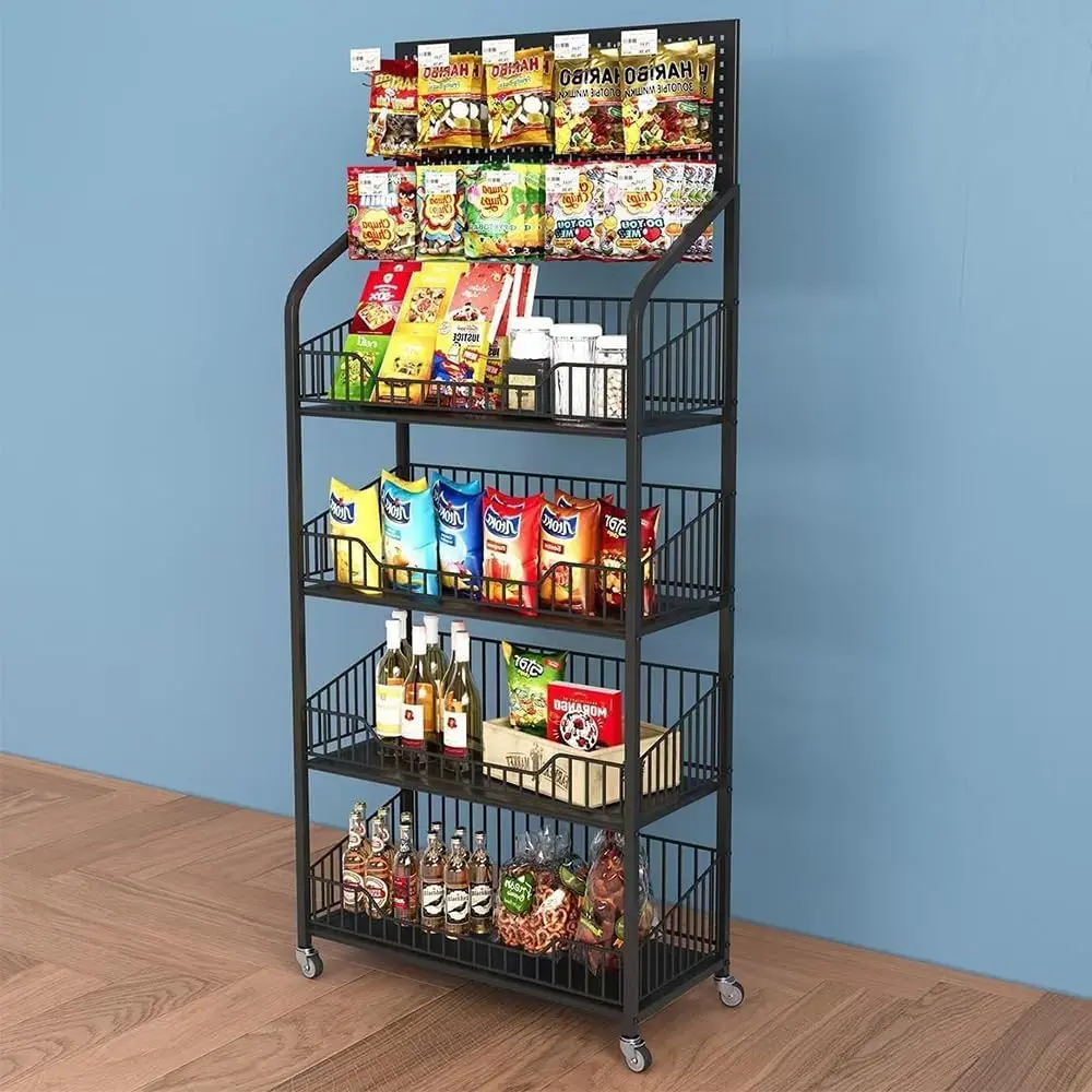 4 Tier Snack Rack Display Stand, Metal Retail Display Shelf | Retail Display Organizer Shelves with Hooks & Wheels, Supermaket Storage Rack, Candy Chip Snack Cart for Store