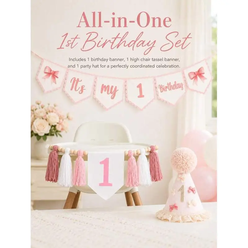 Pink Bow It's My 1st Birthday Banner & Party Hat Set, Girl 1st Birthday Decor, Cake Smash Photo Props, Little Princess First Birthday Party Decorations