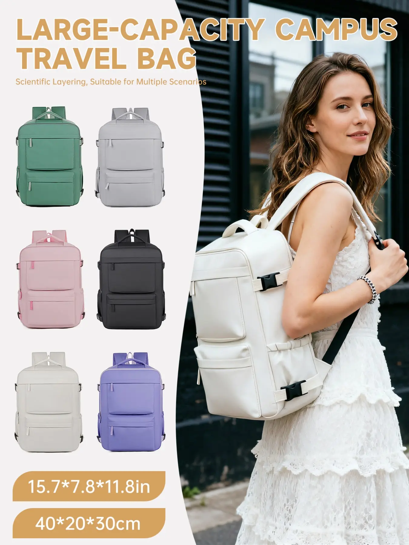Unisex multi-functional travel backpack with large capacity, ideal for daily use and short trips. Features a separate shoe compartment and fits a 15.6-inch laptop, perfect for commuting and weekend getaways.