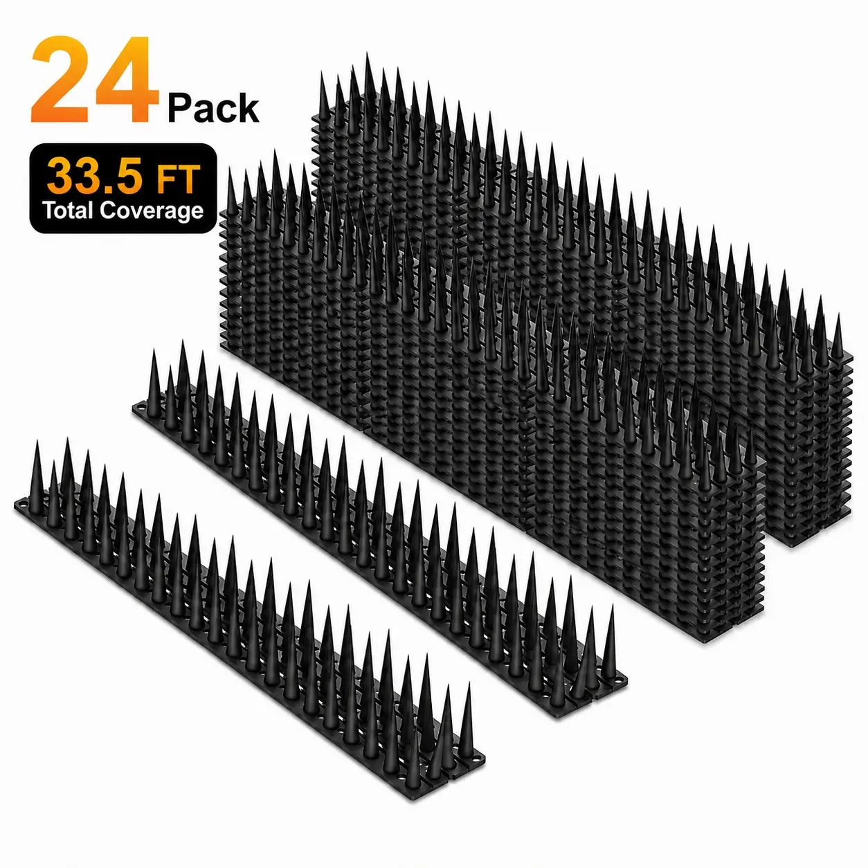 24 Pack Bird Spikes, 33.5 FT Outdoor Bird Deterrent for Pigeons & Small Birds, Plastic Anti-Bird Spikes for Fences, Railings, Roofs & Ledges