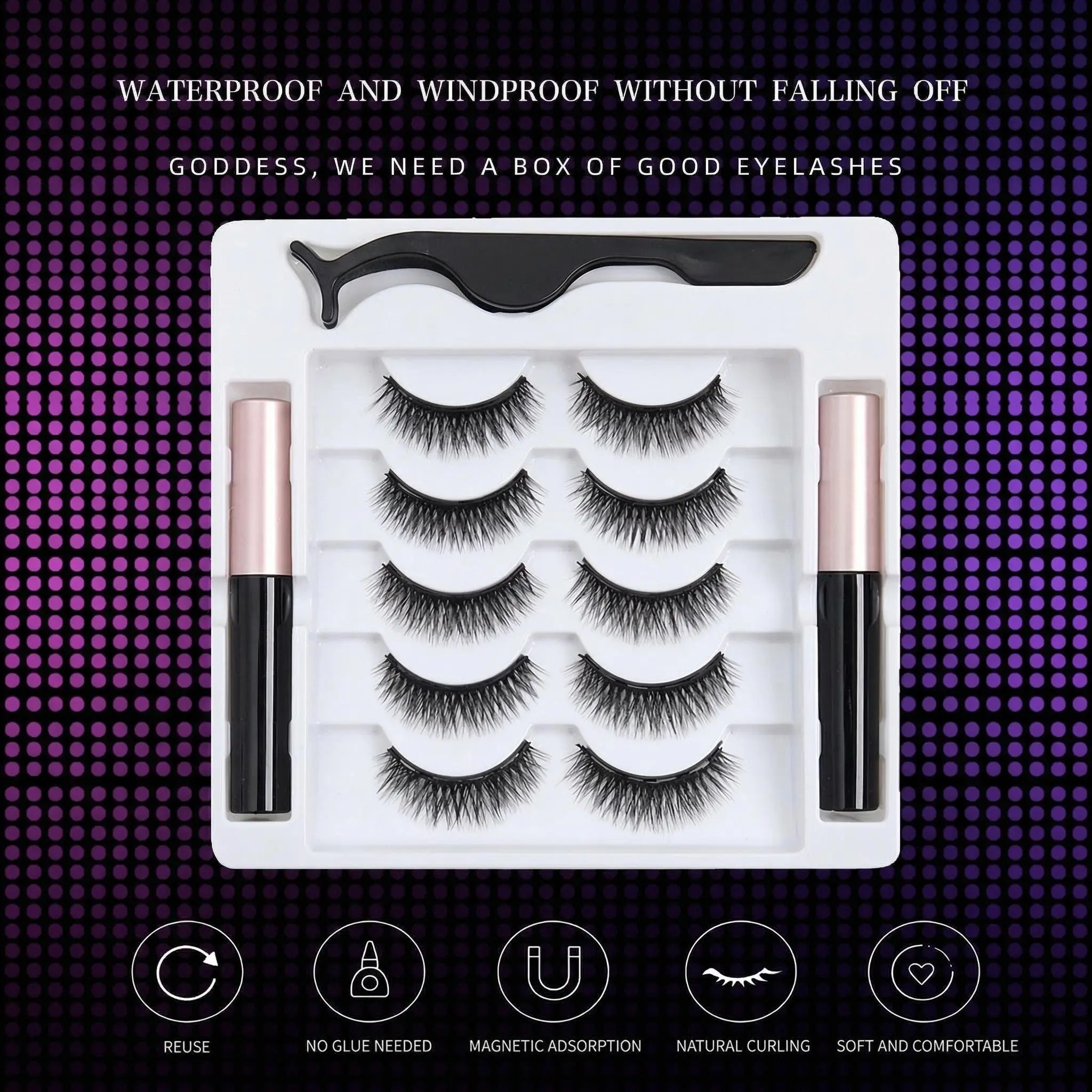 2026 New Five Pairs Magnetic Eyelash Liquid False Lashes, Dense C Curl, 13-15mm, Reusable, No Glue, Easy to Wear