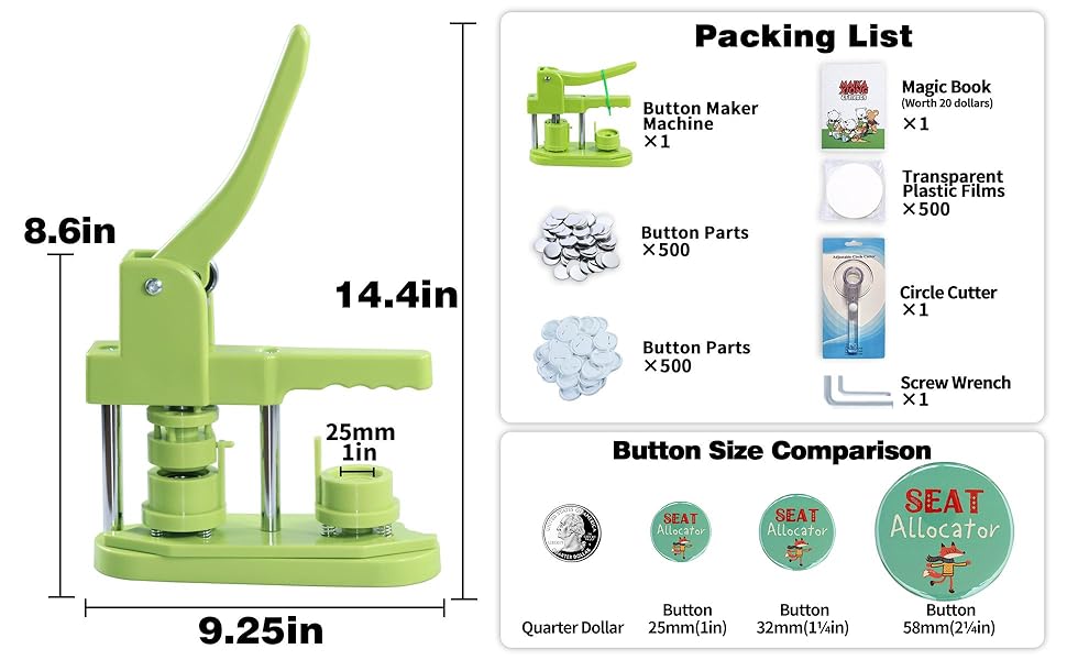 Button Maker Machine, (3rd Gen) Installation-Free 25mm(1 in) DIY Pin Button Maker Press Machine Kit, Badge Press Machine with Free 500pcs Button Parts&Pictures&Circle&Book