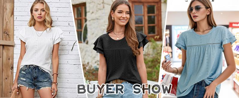 Women's Summer Tops Crewneck Eyelet Ruffle Short Sleeve Blouses Casual Babydoll Shirts 2025 S-2XL Lightweight Soft Knitted Fabric Trendy Babydoll Style