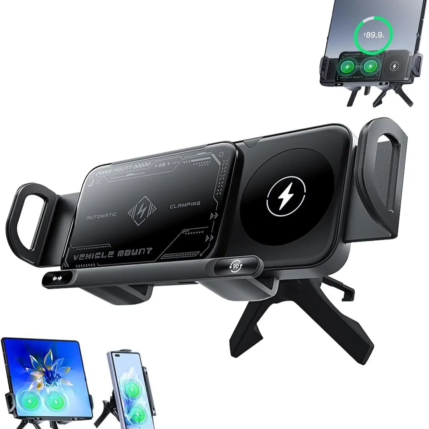 Foldable Car Phone Holder, 15w Dual Coil Wireless Fast Charging, Supports 5mm Case, Electric Arm, Auto Rotation, Compatible with 99% Cars