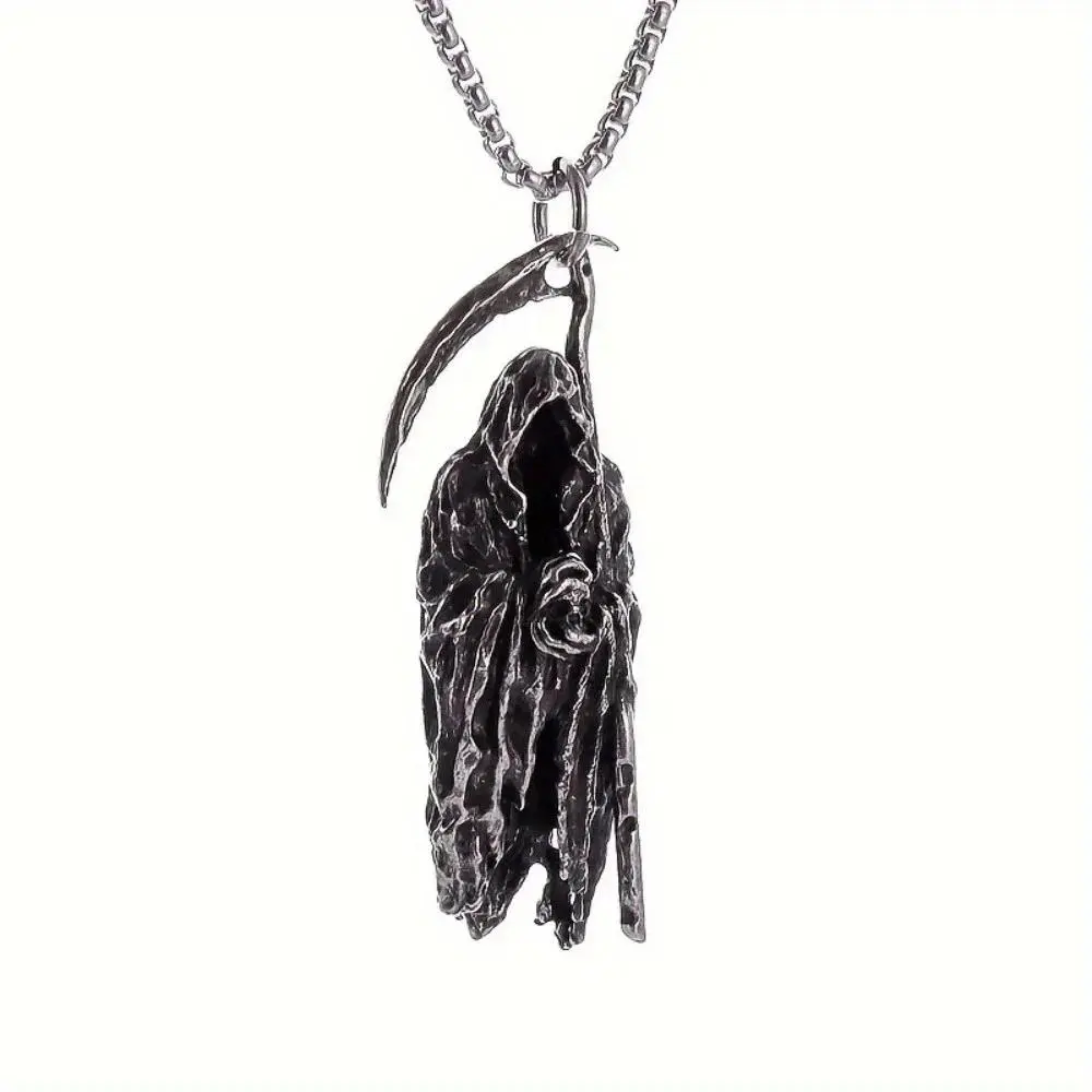 Unisex Skeletal Death Scythe Skull Pendant Necklace - Halloween Aesthetic, Casual Sweater Chain, Niche Fashion Party Costume Jewelry Accessory