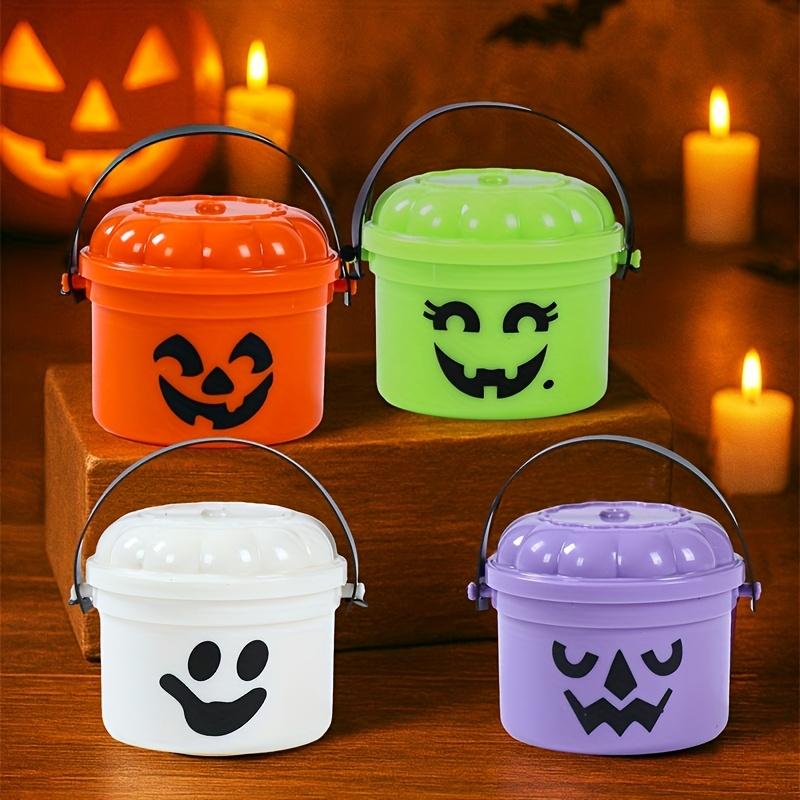 Mini Halloween Nostalgic Cute Plastic Buckets - Orange, Purple, White, Green with Jack-O'-Lantern Faces - Durable Water Buckets for Home Decor, Horror Party Supplies, Ghost Festival & Trick-or-Treat Celebrations, Playful Design, Party Favors Assortment