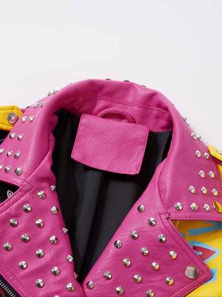 Women's PU Jacket with Belt, Casual Fitted Biker Jacket, Colorblock Animal Print Rivet Design, All Seasons Wearable Outerwear, Casual Fashionable Outerwear