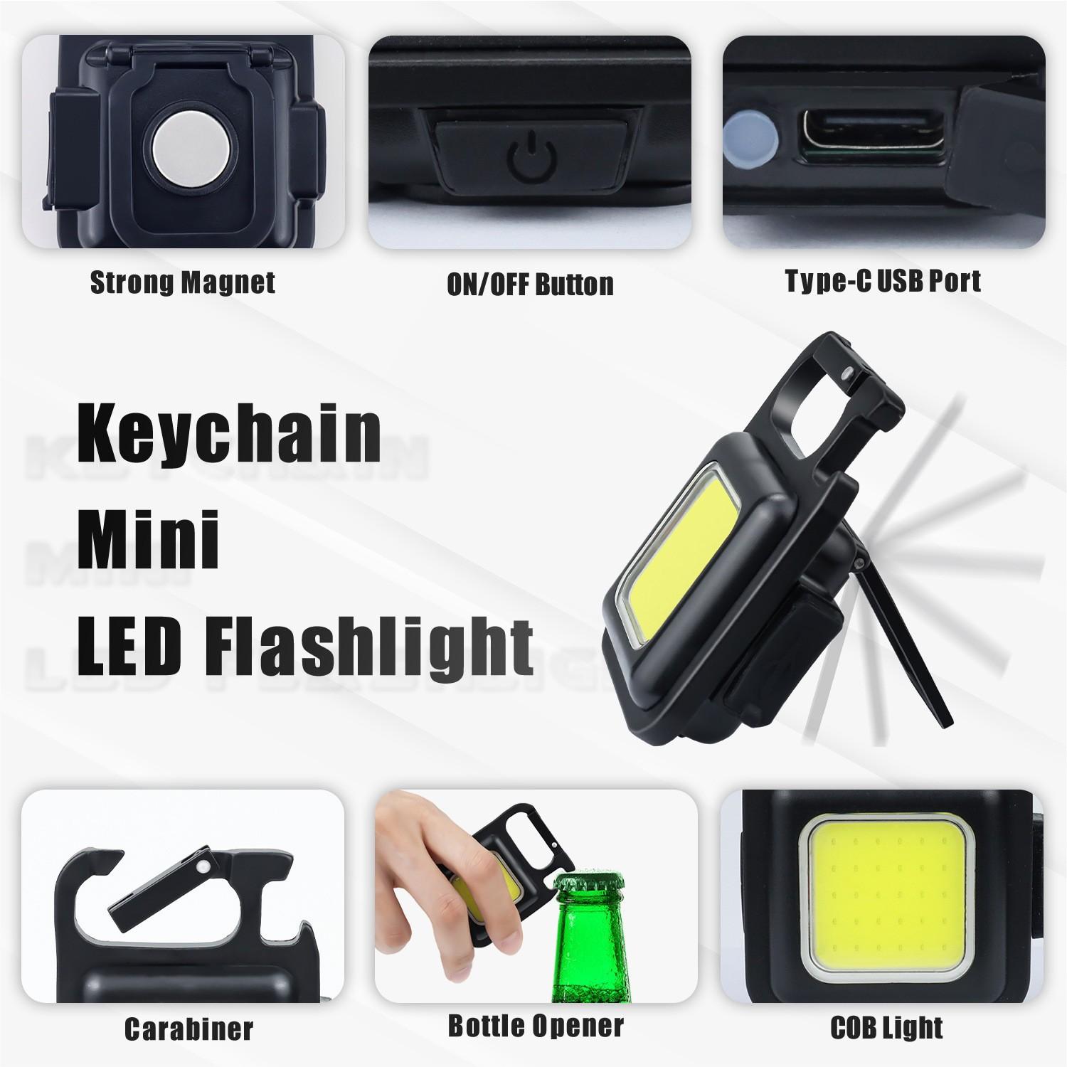 1 Piece Rechargeable Keychain Light, Mini Cob LED Flashlight, Aluminum Alloy Cob Work Light, Portable Pocket Light with Folding Bracket Bottle Opener