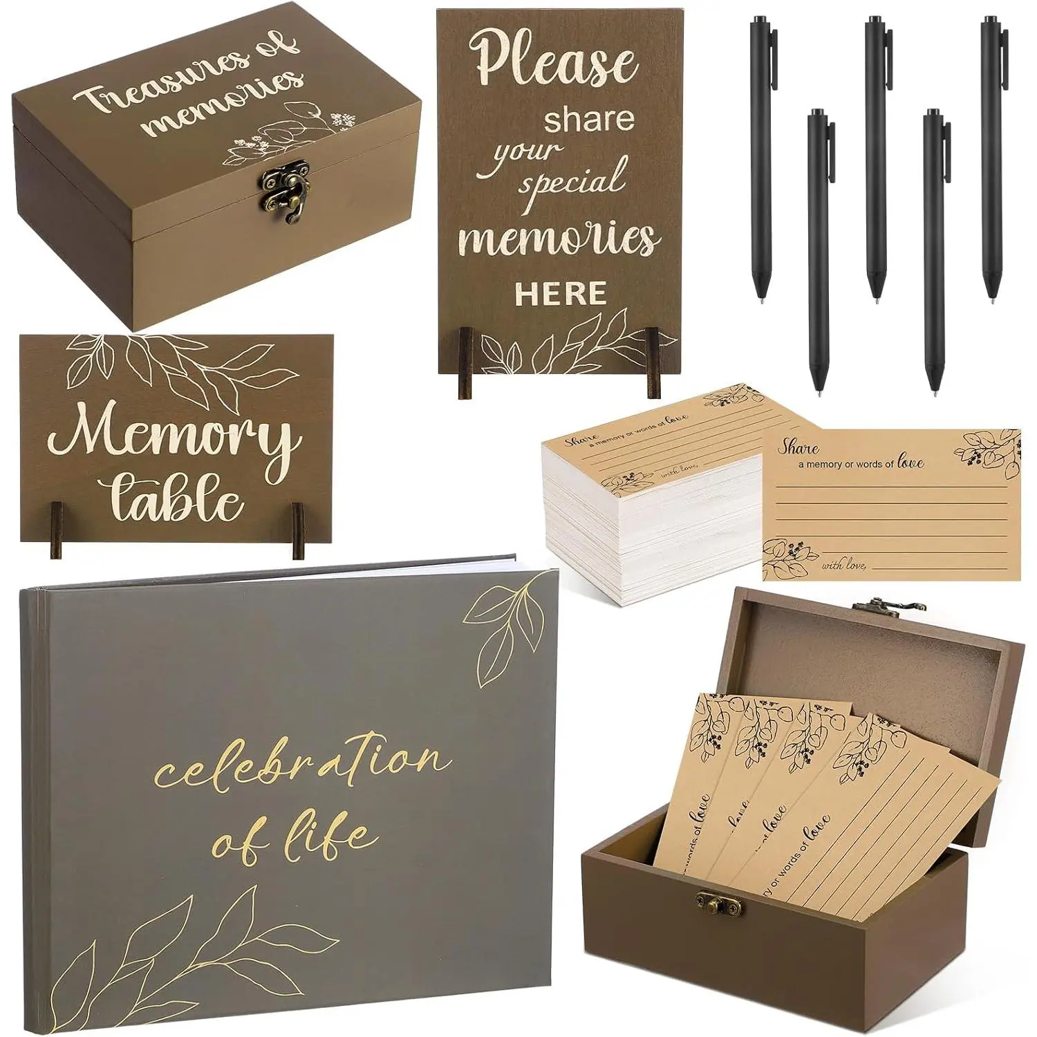 Celebration of Life Guest Book Share a Memory Decorations for Funeral 100 count Funeral Cards 2  Sign with 4 Hold 1  Box with 5 Pen for Memorial Service (White Leaf)