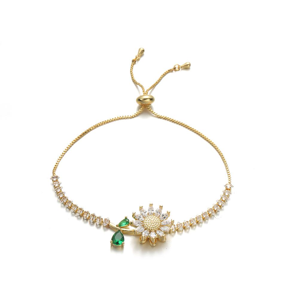 3PCS Jewelry Set, Green Leaf, Rotating Sunflower Zircon Necklace Ring Bracelet Fashion Suit Clavicle Chain