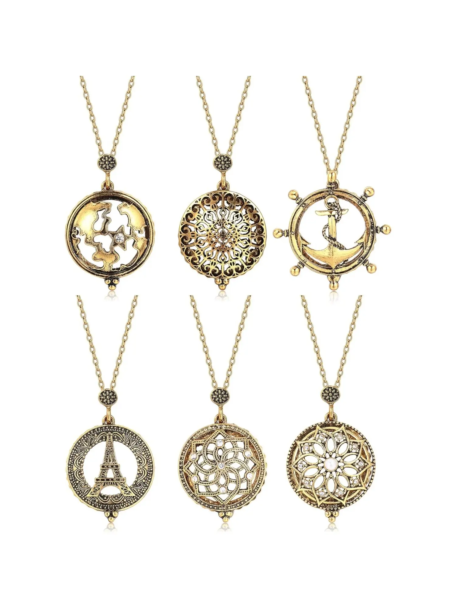 6 Pcs Antique Golden Retro Hollow Pendant Necklaces for Women Alloy Chain Necklaces with Hollow Round Charms for Women Men World Map Floral Lace Anchor Ship Wheel Eiffel Tower Inlaid Flower Patterns Vintage Distressed Finish Long Chain Ornaments