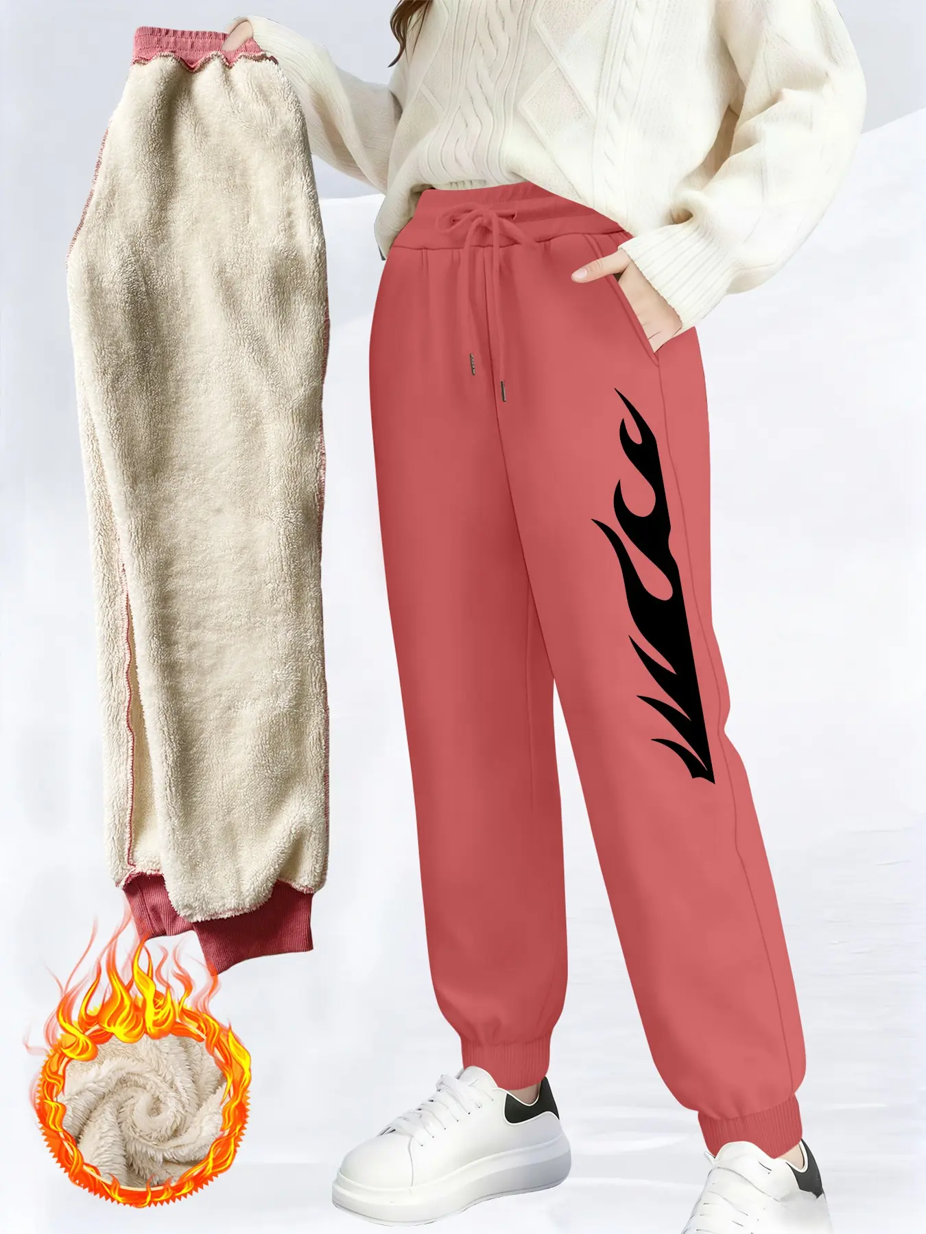 Women Black Flame Graphic Lamb Fleece Lined Sweatpants High Waist Drawstring Cuffed Thick Warm Winter Jogger Pants